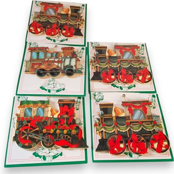 VTG 80s Montgomery Ward Christmas Train Ornaments Set of 5 Wood Diecut NOS - Picture 1 of 16